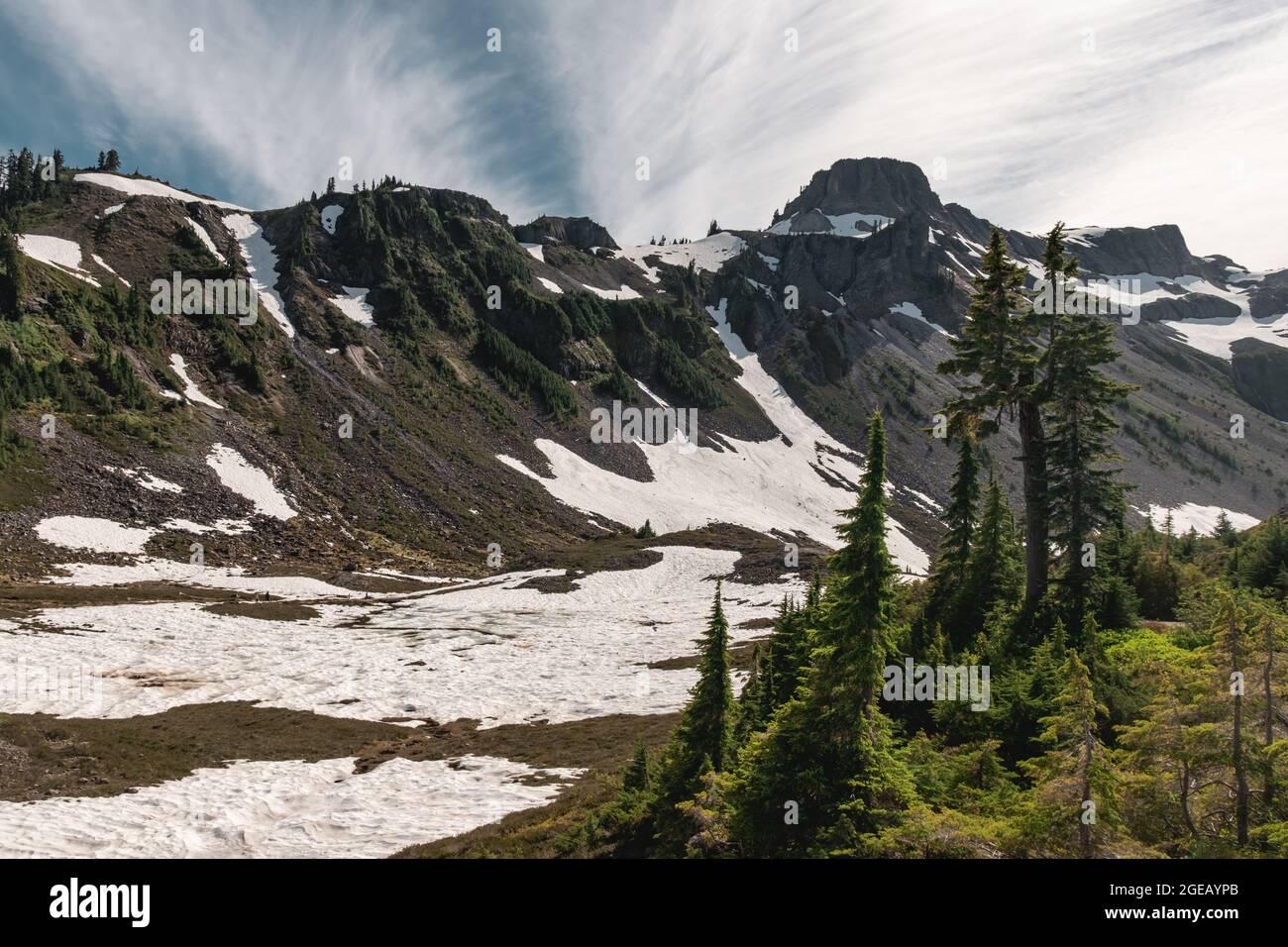 Mountain ridge standing over Heather Meadows in the Mt. Baker-Snoqualmie National Forest. Stock Photo