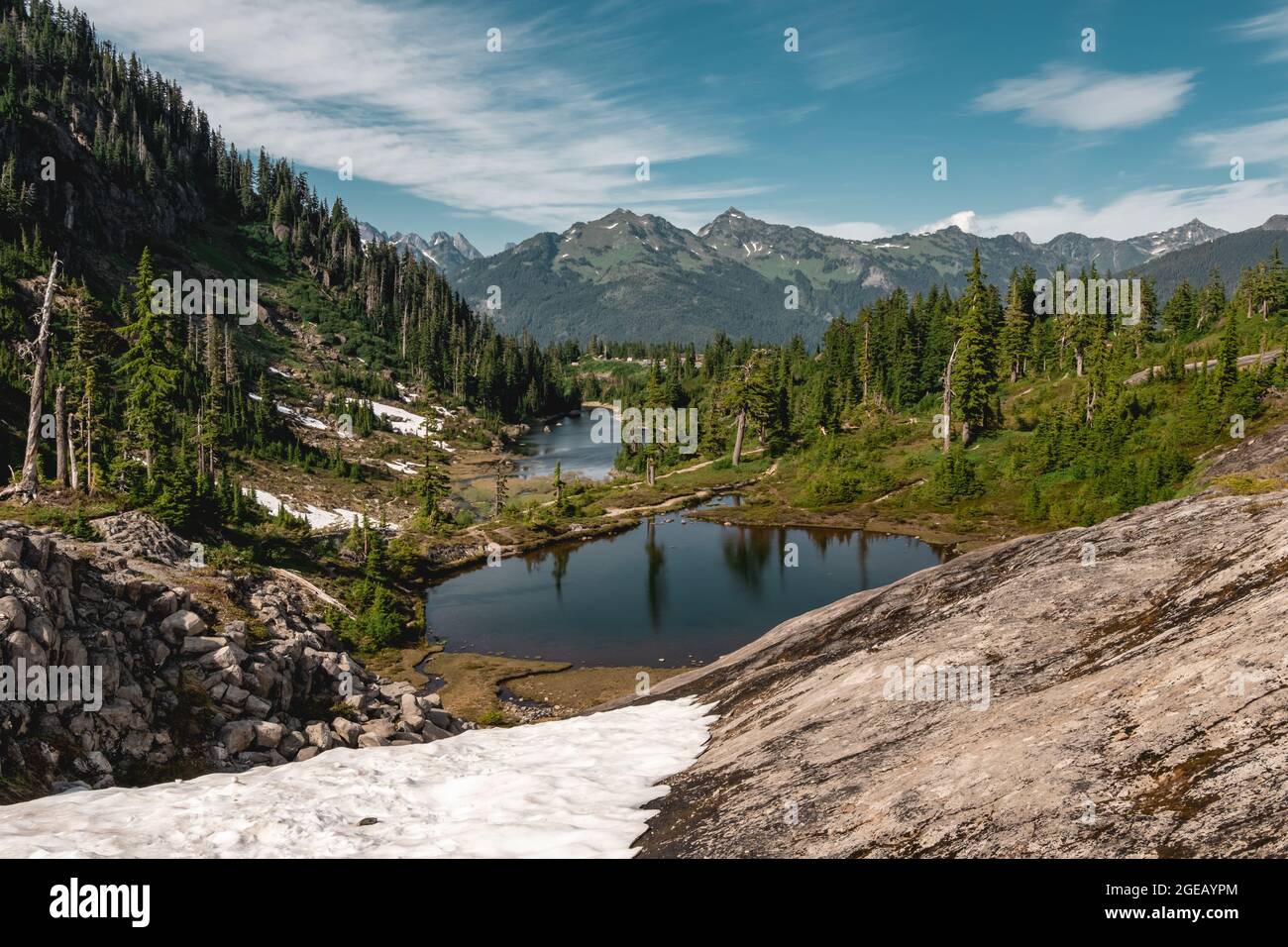 Reflections on Bagley lakes at Heather Meadows in the Mt. Baker-Snoqualmie National Forest. Stock Photo