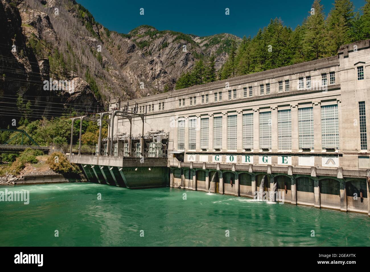 Gorge Powerhouse hydroelectric power plant along the Skagit River in North Cascades National Park. Stock Photo