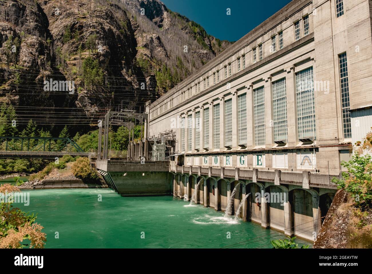 Gorge Powerhouse hydroelectric power plant along the Skagit River in North Cascades National Park. Stock Photo