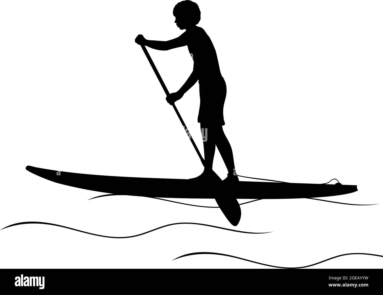 Silhouette boy rowing stand up paddleboard. Water sport, SUP surfing. Illustration icon symbol Stock Vector