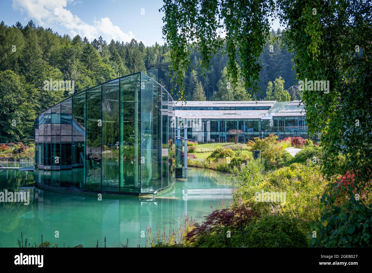 Red Bull Headquarters the complex with the volcano-like buildings next to the main road is the Red Bull headquarters. Stock Photo