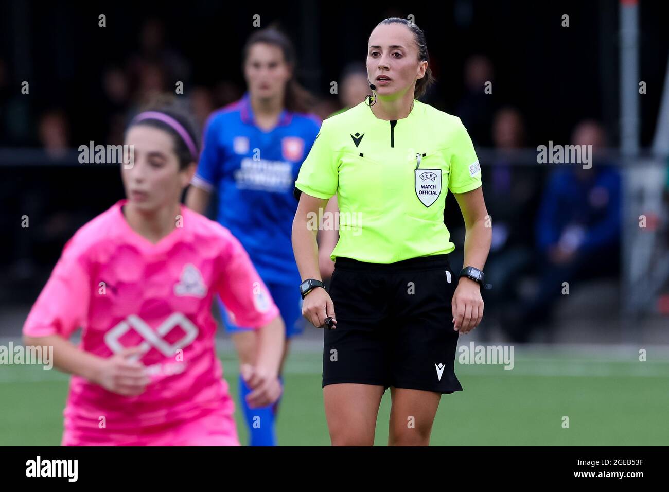 ENSCHEDE, NETHERLANDS - AUGUST 18: Referee Cansu Tiryaki during the UEFA  Women's Champions League First Qualifying Round match between FC Twente and  FC Nike at Sportclub Enschede on August 18, 2021 in