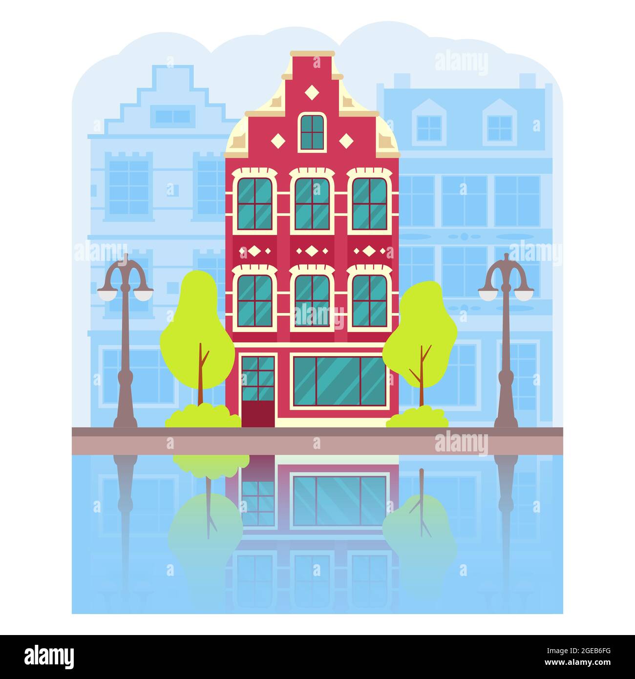 Dutch cityscape canal.Street with facades of houses. Silhouette of houses. Stock Vector