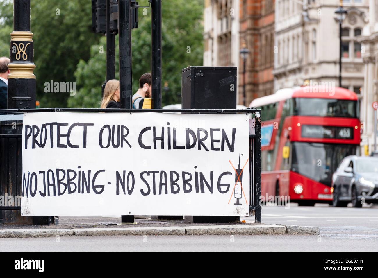 London, UK. 18 August 2021. Anti Vaccination protest outside the Parliament Stock Photo