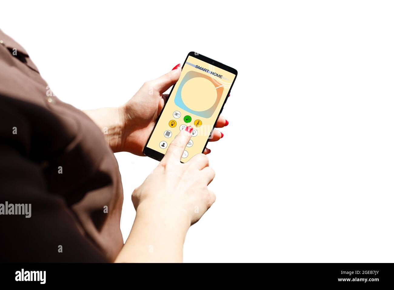 Smart home control on phone. Phone in woman hand. Living room interior ...