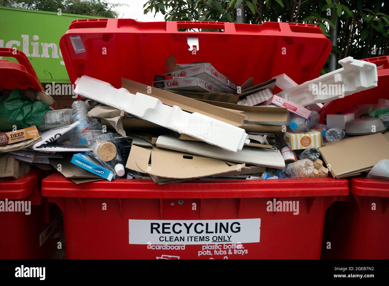 Full public recycling bins, UK Stock Photo Alamy