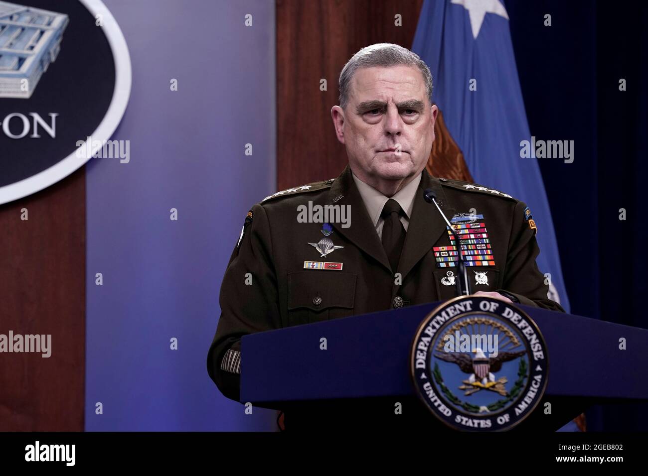 Joint Chiefs of Staff Chairman Army General Mark Milley holds a news briefing at Pentagon in Arlington, Virginia, U.S., August 18, 2021. REUTERS/Yuri Gripas Stock Photo