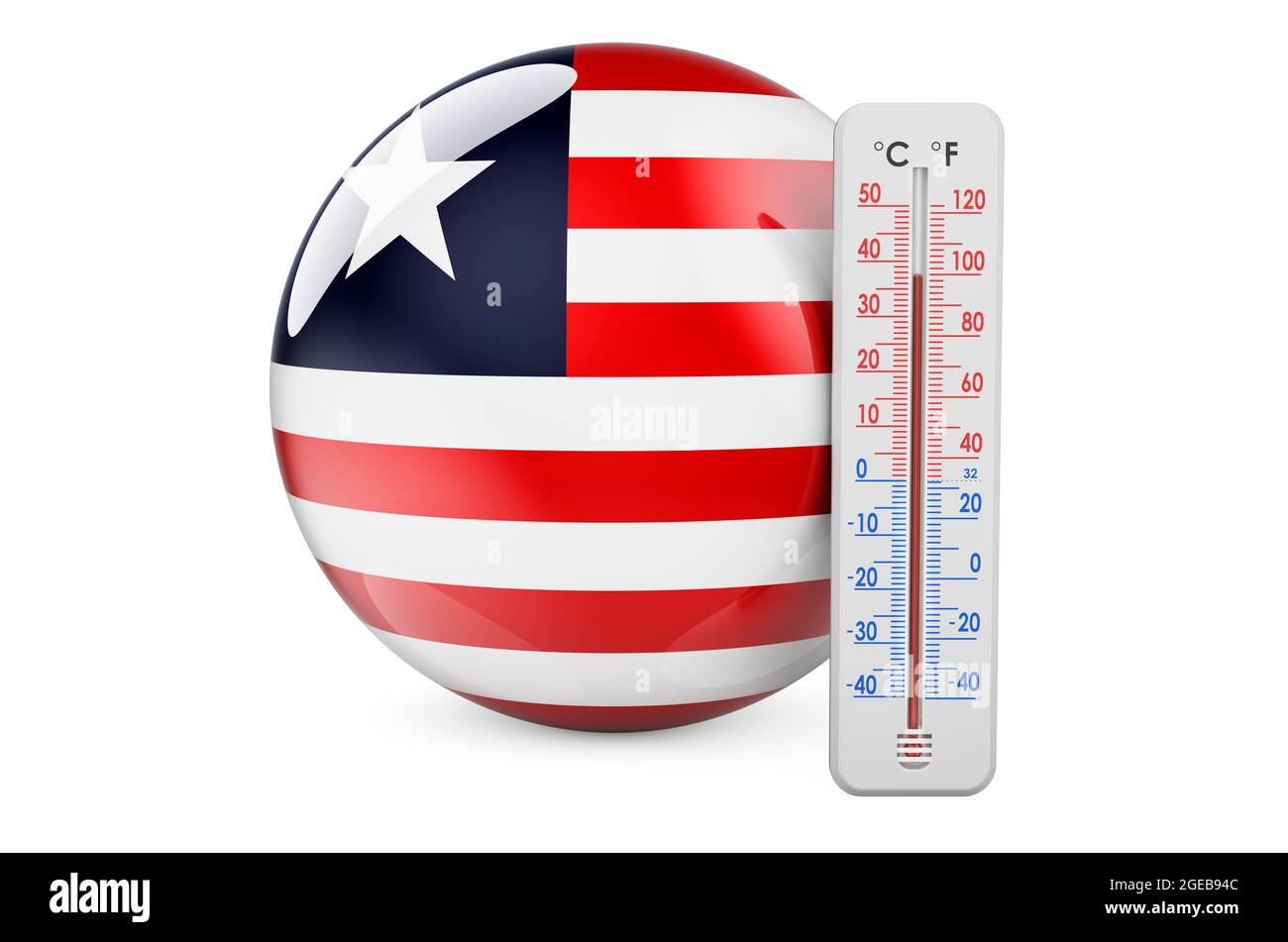 Liberian flag with thermometer. 3D rendering isolated on white ...