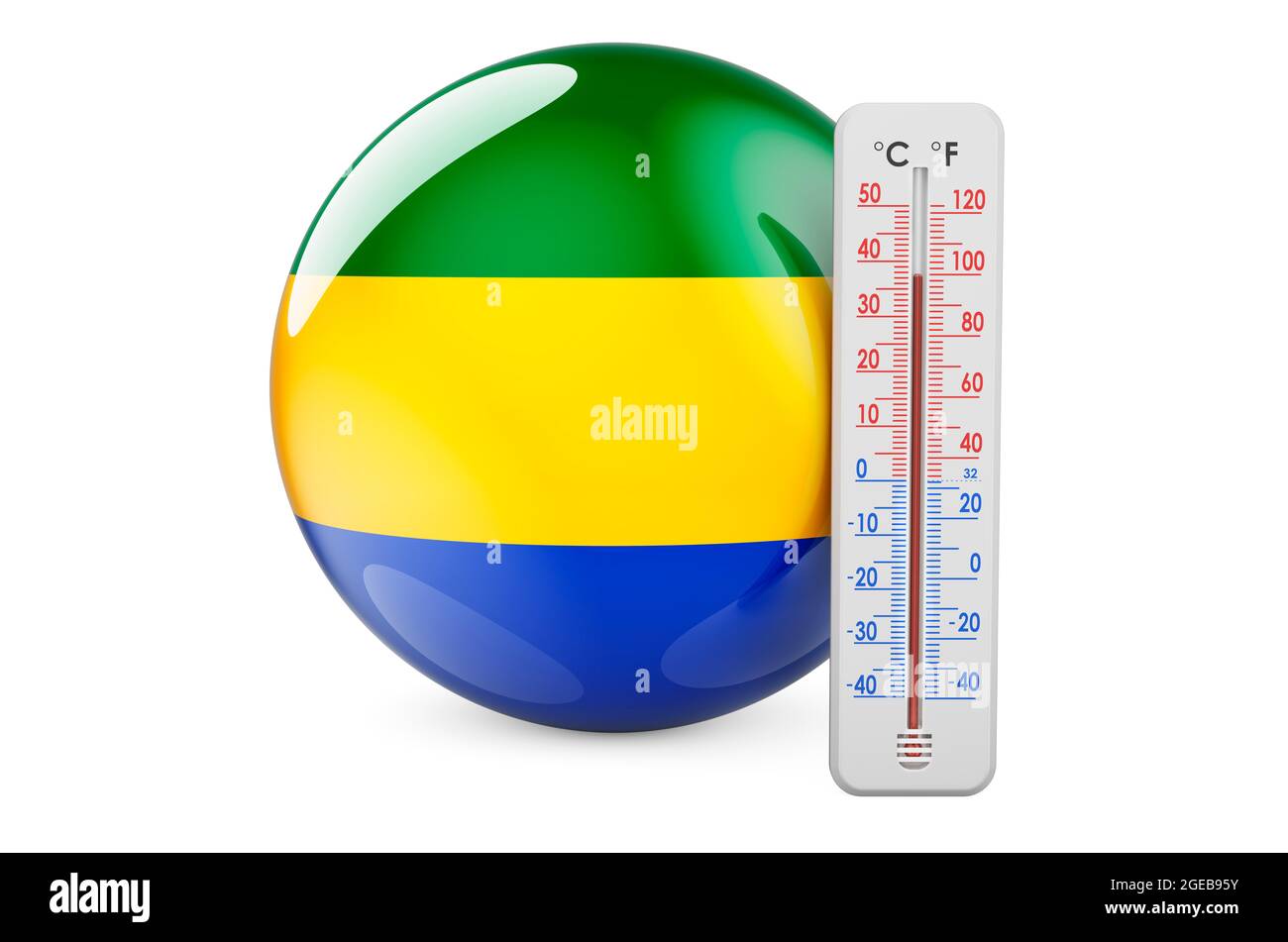 Gabonese flag with thermometer. 3D rendering isolated on white ...