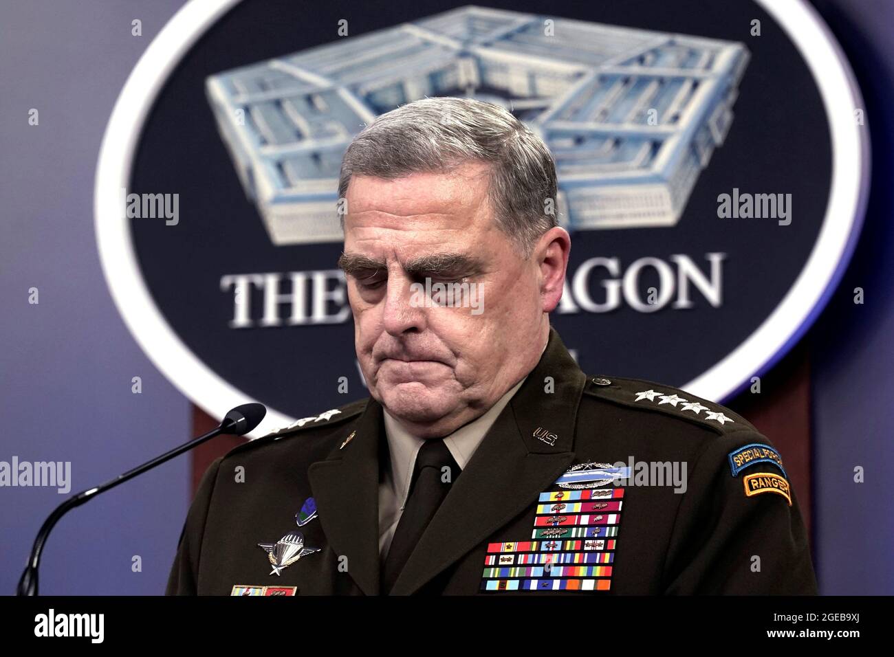 Joint Chiefs of Staff Chairman Army General Mark Milley pauses at a news briefing at Pentagon in Arlington, Virginia, U.S., August 18, 2021. REUTERS/Yuri Gripas Stock Photo