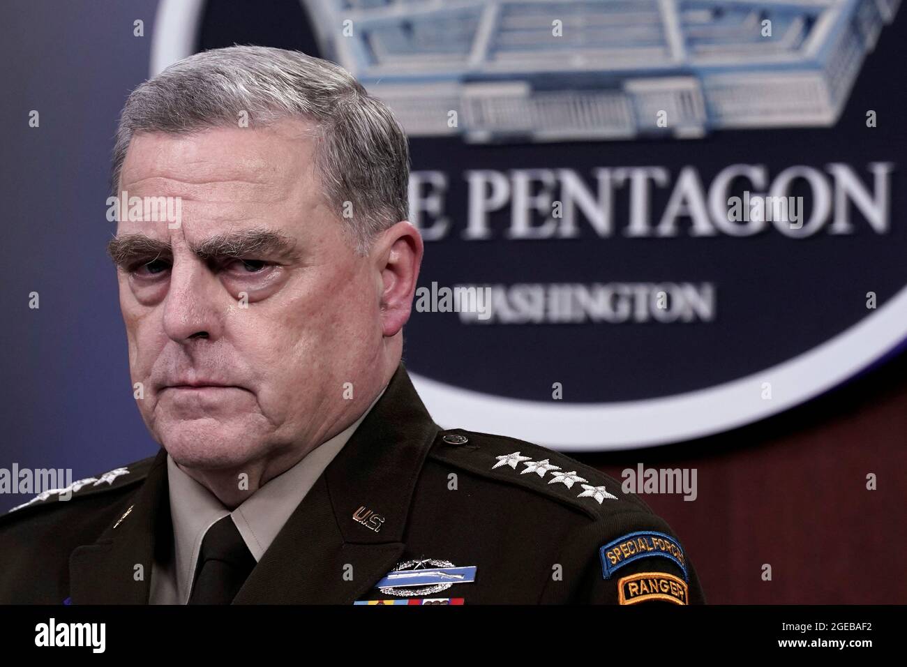 Joint Chiefs of Staff Chairman Army General Mark Milley pauses at a news briefing at Pentagon in Arlington, Virginia, U.S., August 18, 2021. REUTERS/Yuri Gripas Stock Photo
