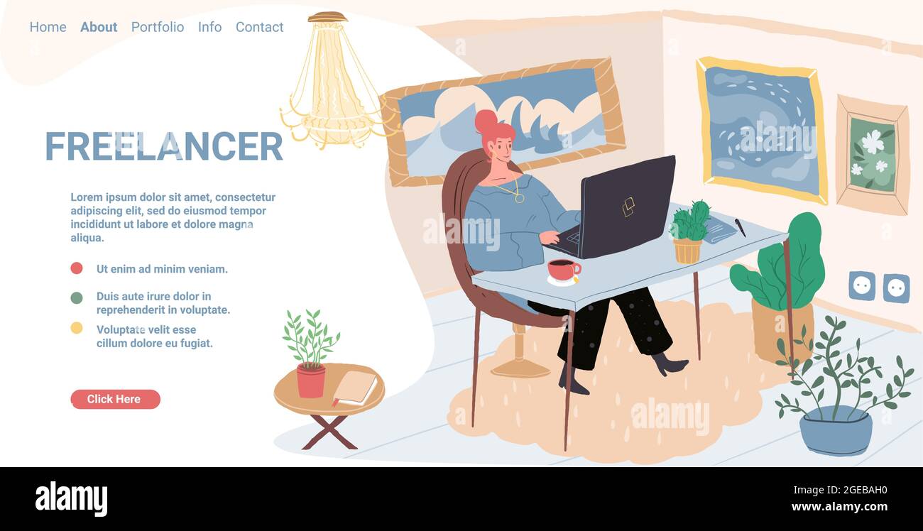 Flat cartoon freelancer character at home office,vector landing page concept Stock Vector