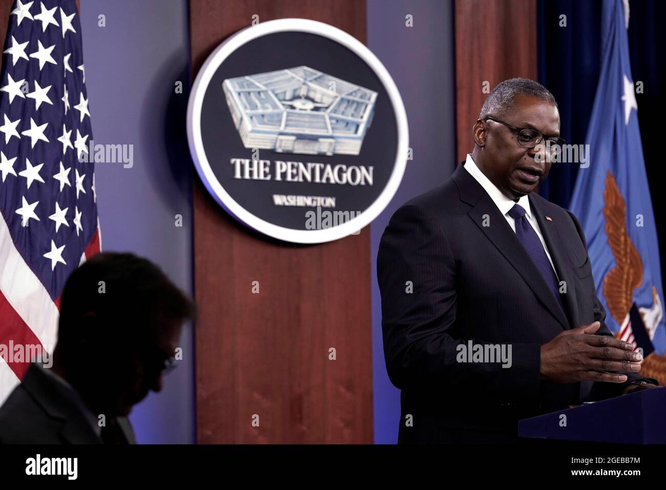 U.S. Defense Secretary Lloyd Austin speaks at a news briefing at Pentagon in Arlington, Virginia, U.S., August 18, 2021. REUTERS/Yuri Gripas Stock Photo