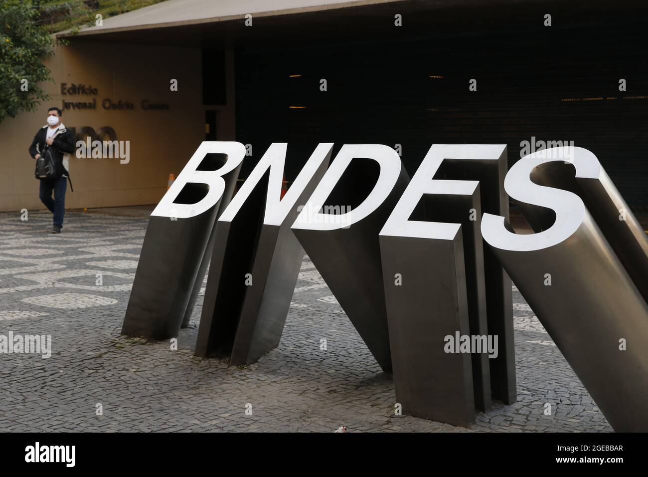 BNDES bank logo on building headquarters. Brazilian national state owned bank for social and economic development - Rio de Janeiro, Brazil 06.25.2021 Stock Photo