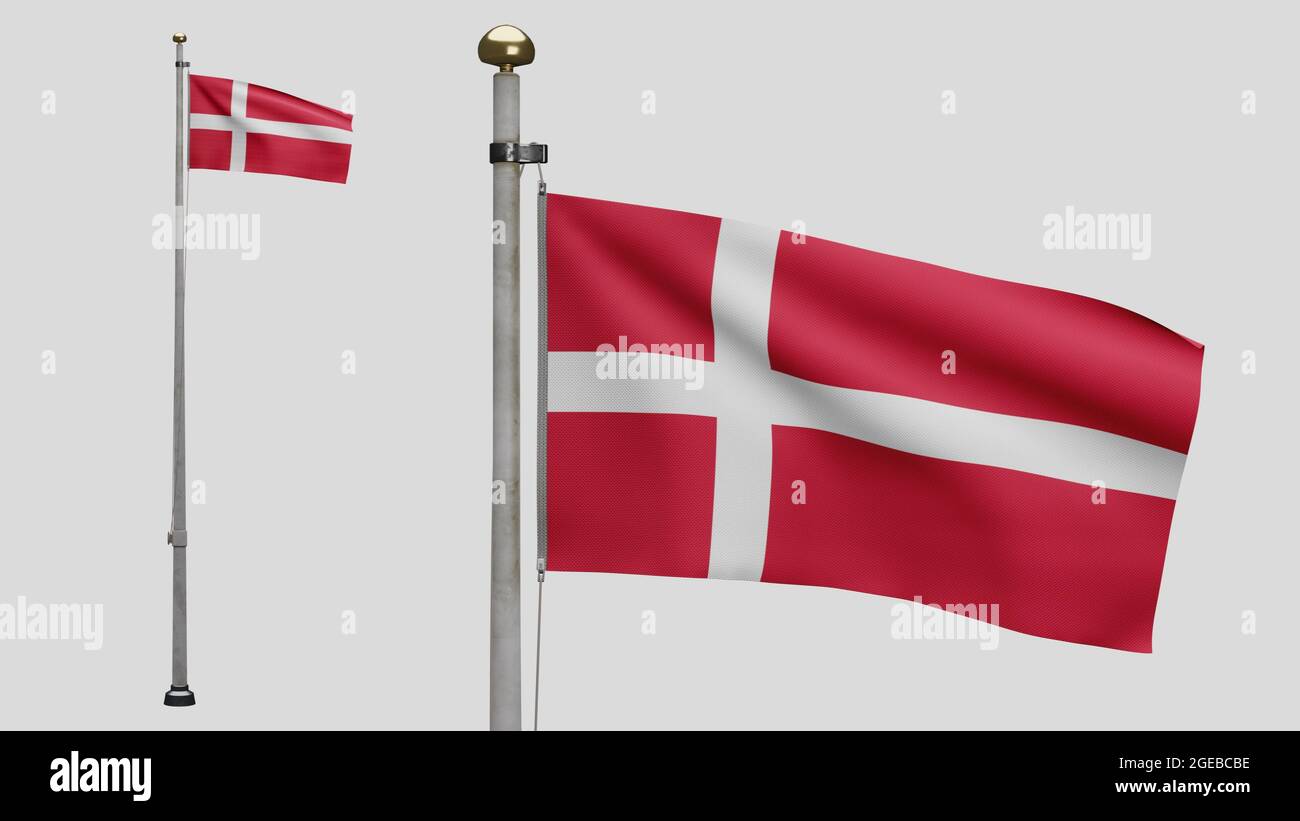 3D, Danish flag waving in the wind. Close up of Denmark banner blowing, soft and smooth silk. Cloth fabric texture ensign background. Use it for natio Stock Photo