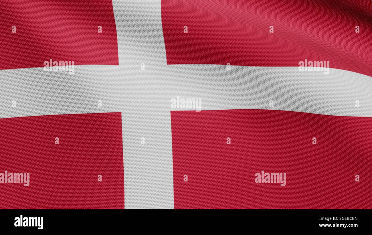 3D, Danish flag waving in the wind. Close up of Denmark banner blowing, soft and smooth silk. Cloth fabric texture ensign background. Use it for natio Stock Photo