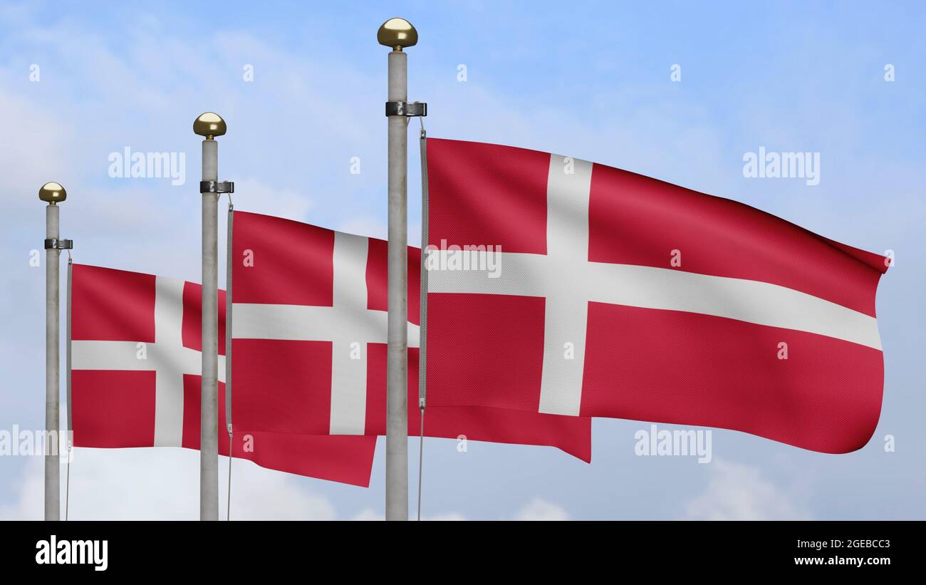 3D, Danish flag waving on wind with blue sky and clouds. Denmark banner blowing, soft and smooth silk. Cloth fabric texture ensign background. Use it Stock Photo