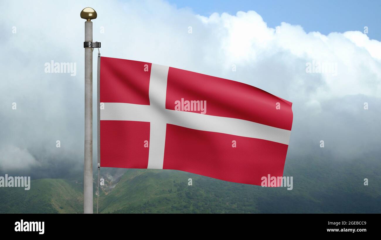 3D, Danish flag waving on wind at mountain with clouds. Denmark banner blowing smooth silk. Cloth fabric texture ensign background. Use it for nationa Stock Photo