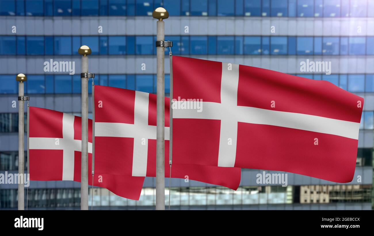 3D, Danish flag waving on wind with modern skyscraper city. Denmark banner blowing, soft and smooth silk. Cloth fabric texture ensign background. Use Stock Photo