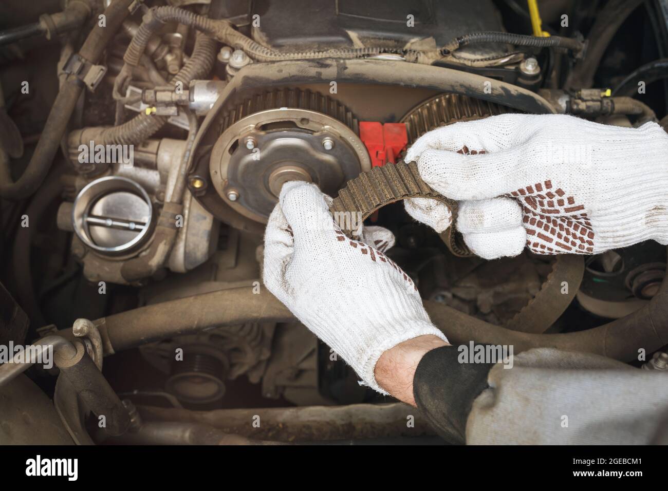 An auto mechanic checks the condition of an old timing belt for various defects, close-up Stock Photo