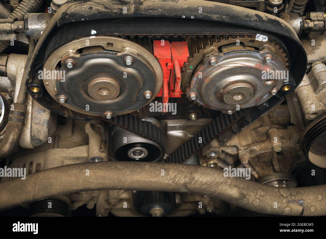 Installed new timing belt on camshafts, closeup Stock Photo Alamy