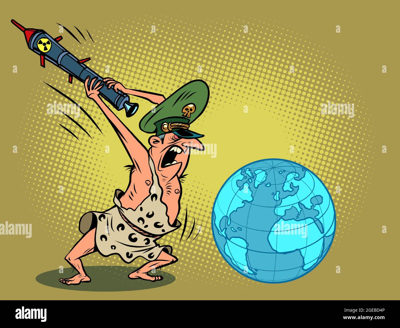 An aggressive savage general hits the planet earth with a rocket. Threat to peace Stock Vector
