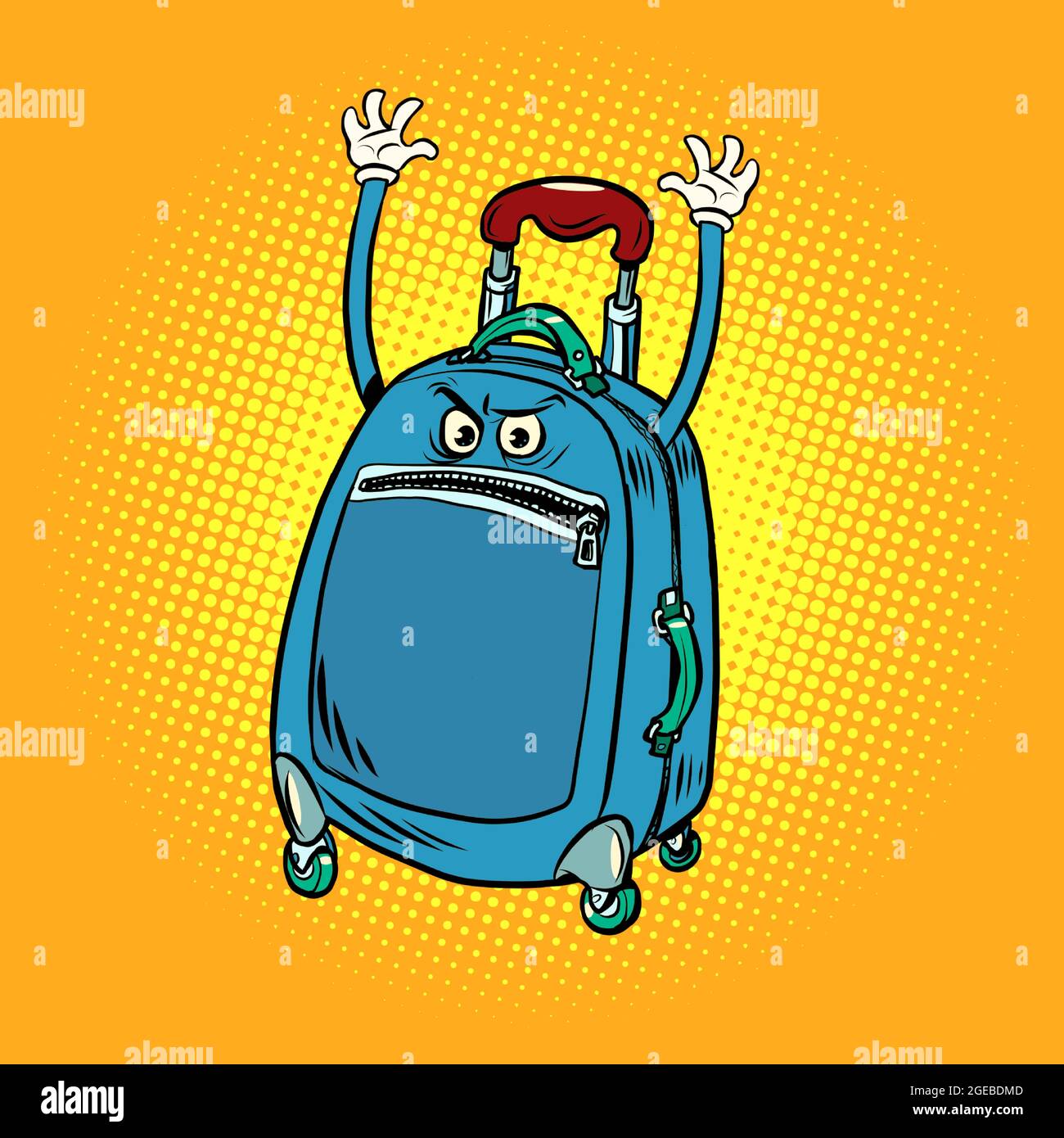 funny angry tourist suitcase with raised hands. Border and customs control Stock Vector