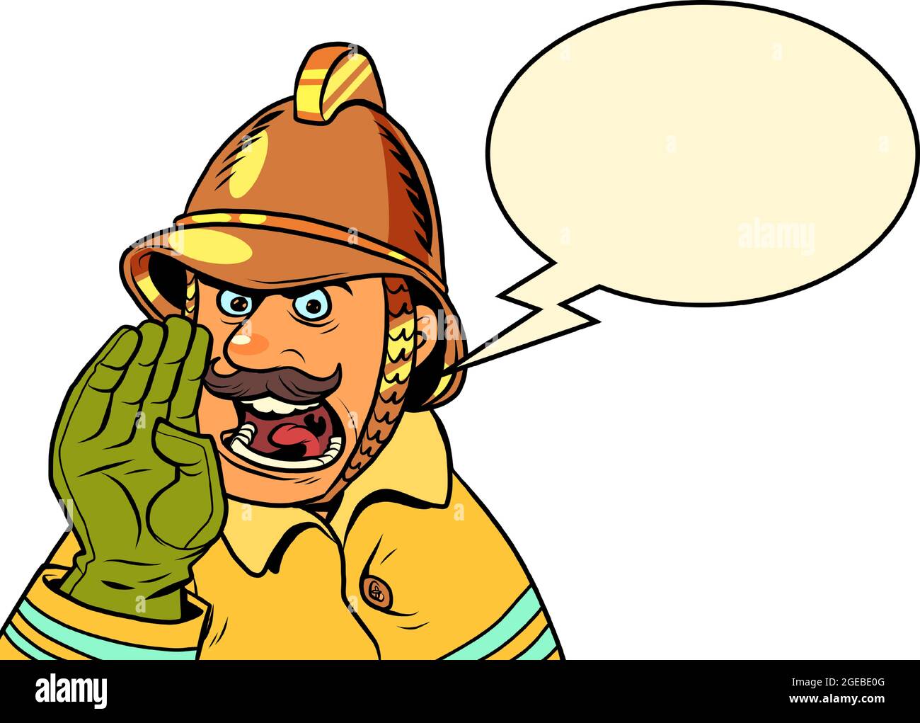 Retro fireman yells about a fire. Danger and rescuers Stock Vector