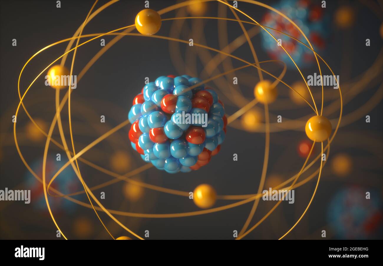 Nuclear power, nuclear reaction or nuclear energy. Concept image of a nuclear atomic model. Stock Photo