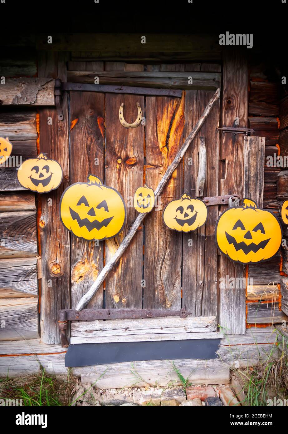 Halloween decoration outdoors. Paper garland with cute pumpkins ...