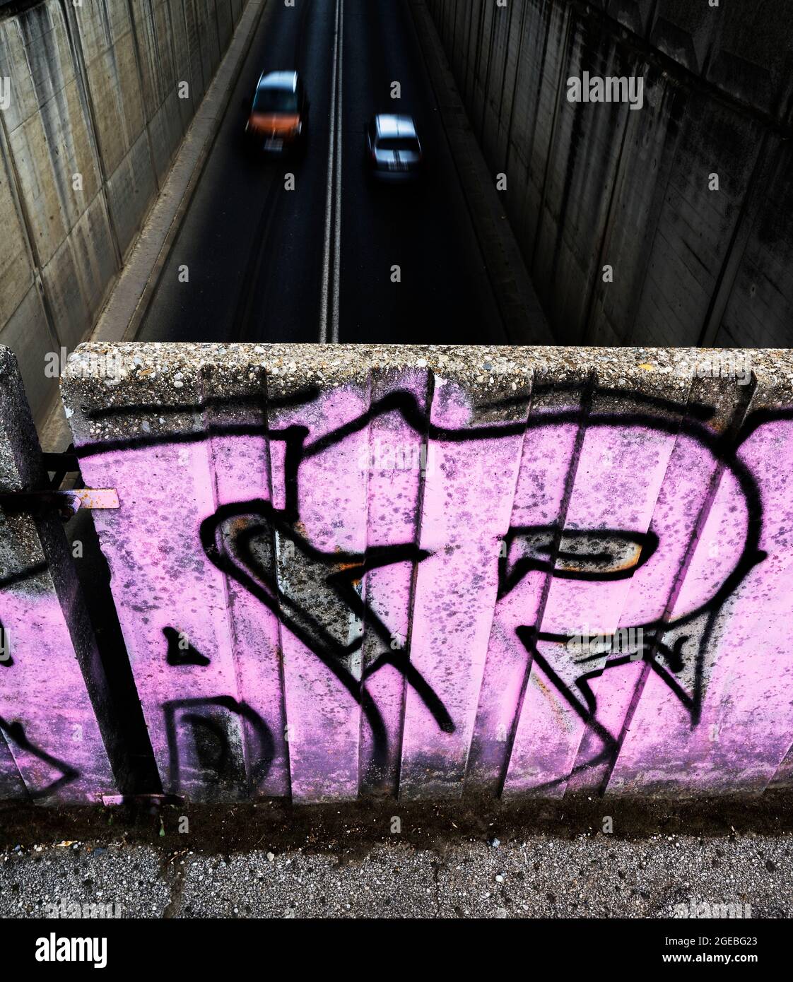 Graffitied barrier over a road underpass in Zagreb, Croatia Stock Photo