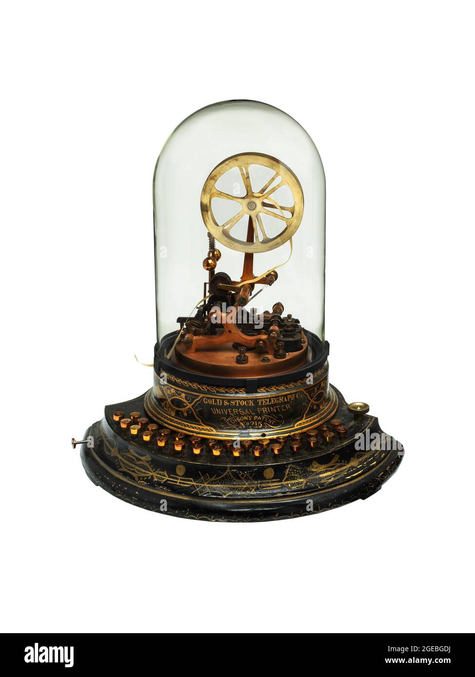 Telegraph ticker receiver, stock ticker tape machine designed by Thomas A. Edison for the Gold & Stock Telegraph Company Stock Photo