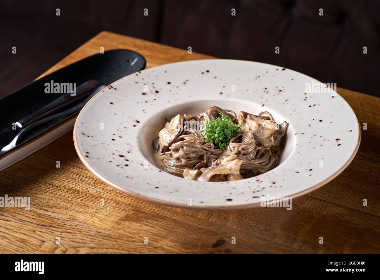 buckwheat spaghetti. Buckwheat noodles with a mix of forest mushrooms