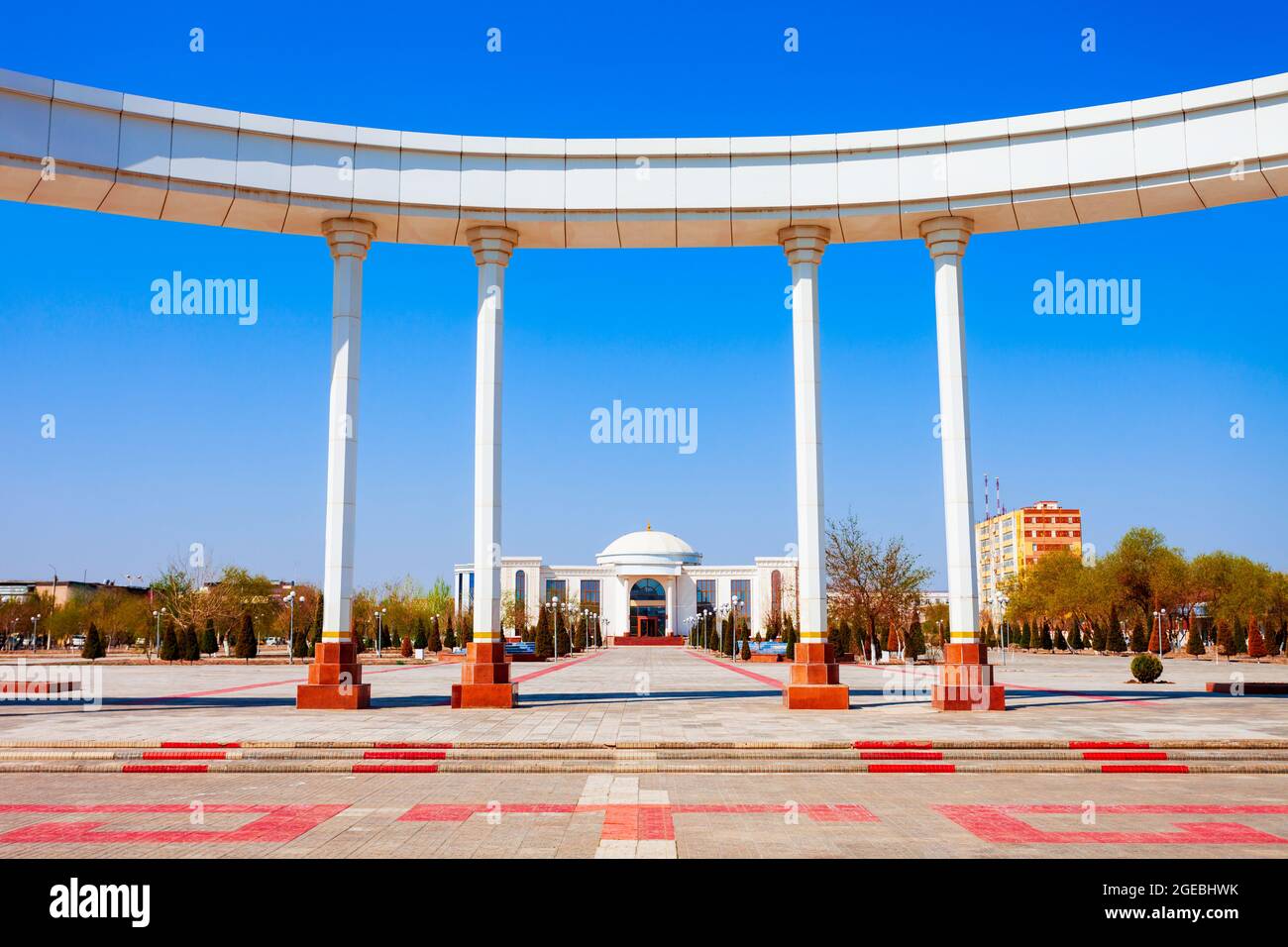 Arch at the Independence square or Mustaqillik Maydoni in Nukus city in Karakalpakstan region of Uzbekistan Stock Photo