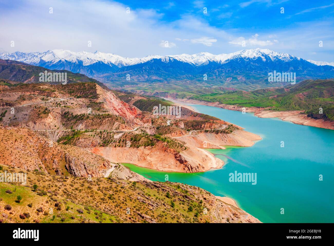 Pamir Mountains, view from the Hisorak water reservoir near Shahrisabz city in Uzbekistan Stock Photo