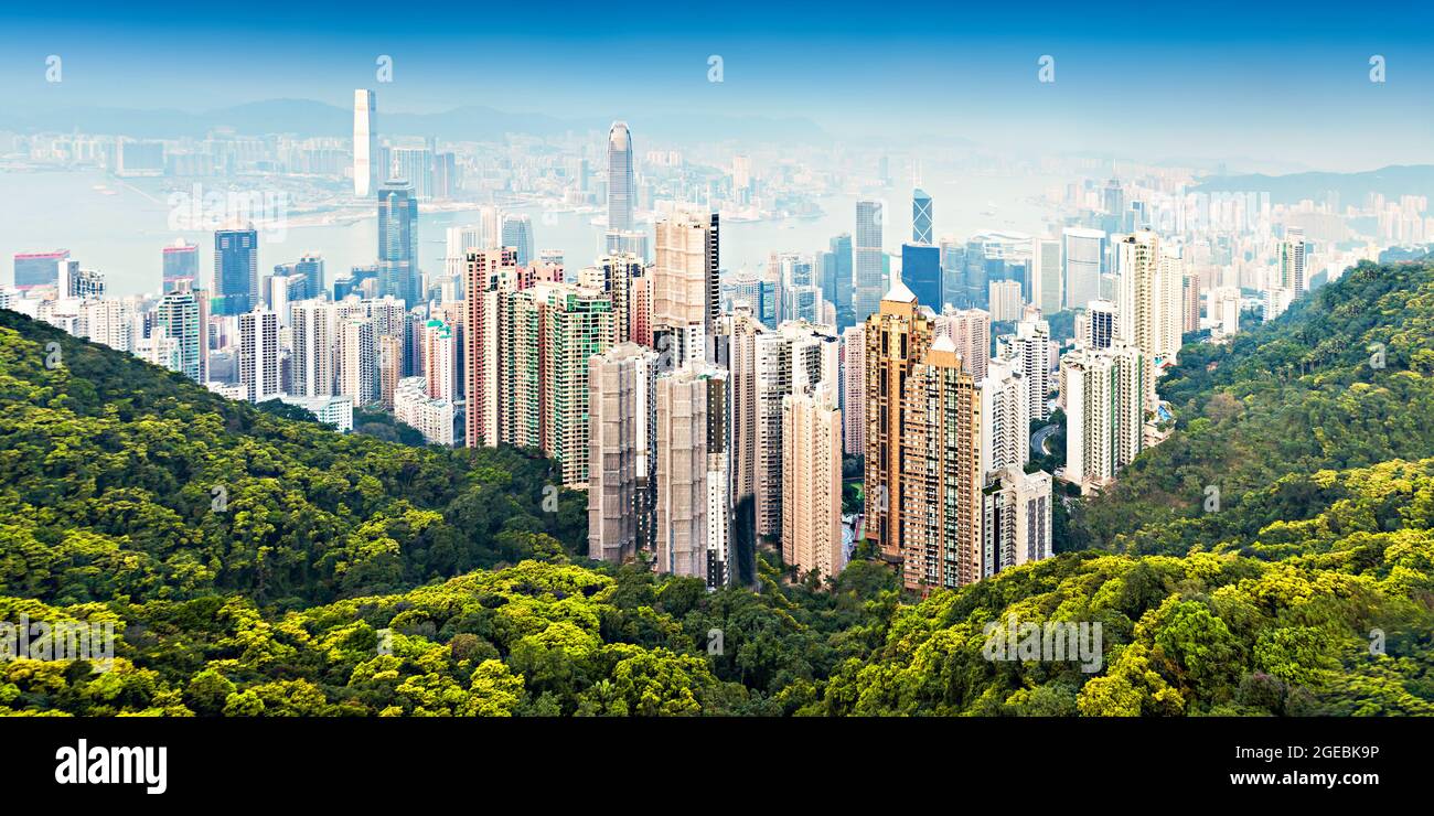 Hong Kong skyline aerial panoramic view from the Victoria Peak ...