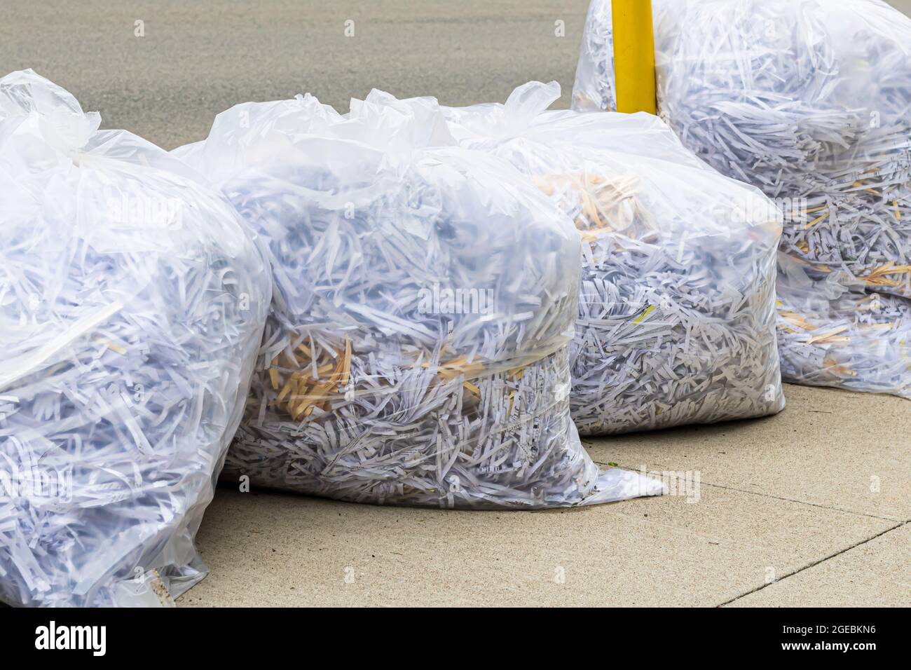 White plastic bags of shredded paper on the curb for recycling pick up Stock Photo
