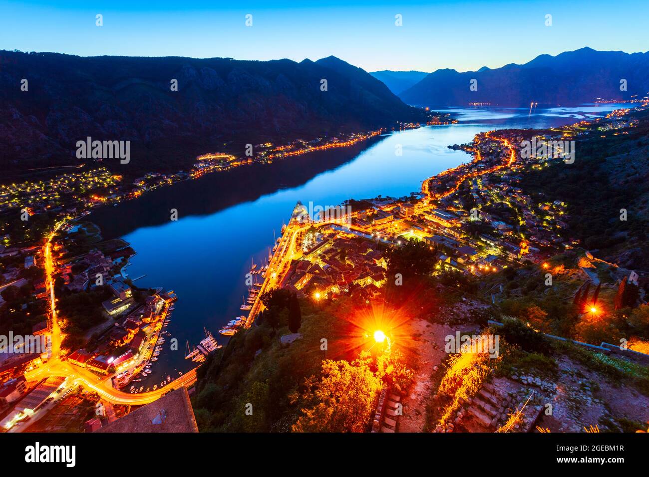 Kotor old town or stari grad aerial panoramic view in Bay of Kotor or Boka Kotorska, Montenegro Stock Photo