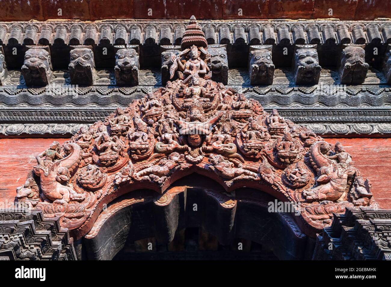 Relief carving on a hindu temple at the Patan Durbar Square in Lalitpur or historically Patan city near in Kathmandu in Nepal Stock Photo