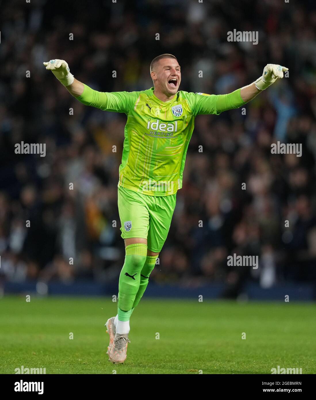 West Bromwich, UK. 18th Aug, 2021. Goalkeeper Sam Johnstone of WBA celebrates his teams goal during the Sky Bet Championship match between West Bromwich Albion and Sheffield United at The Hawthorns, West Bromwich, England on 18 August 2021. Photo by Andy Rowland. Credit: PRiME Media Images/Alamy Live News Stock Photo