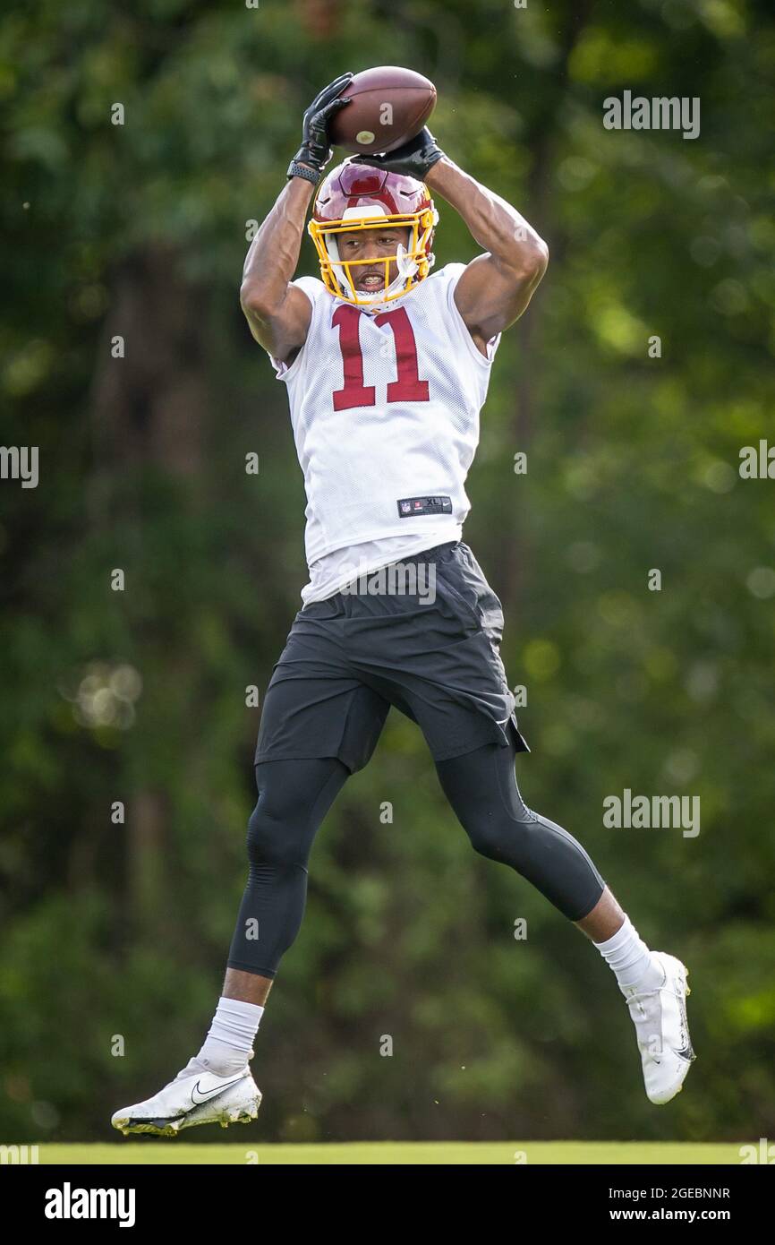 August 18, 2021: Washington Football Team wide receiver Antonio Gandy-Golden  (11) catches the ball during the team's NFL football training camp practice  at the Washington Football Team Facilities in Ashburn, Virginia  Photographer: