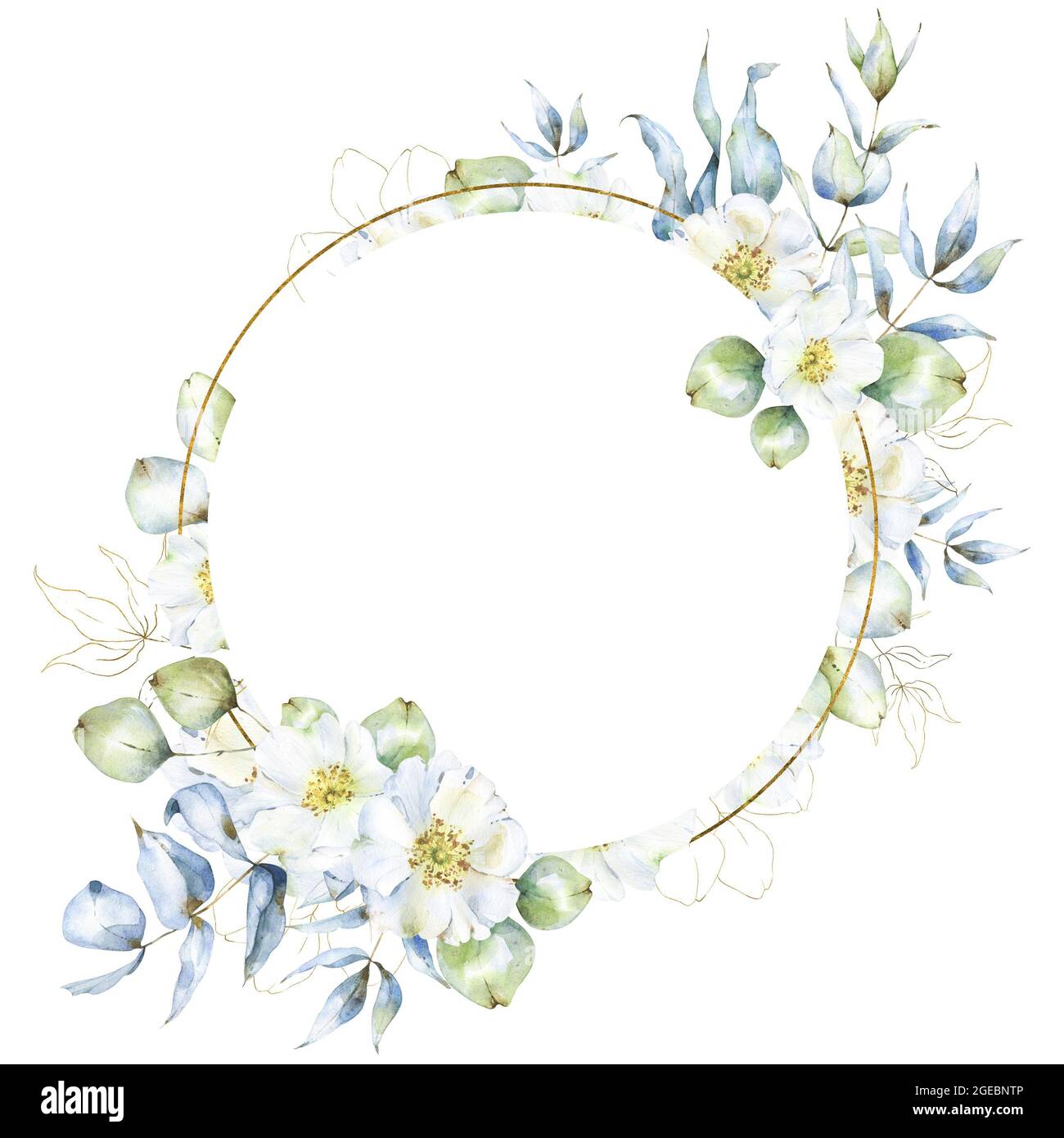 Round floral arrangement with watercolor and golden eucalyptus branches ...