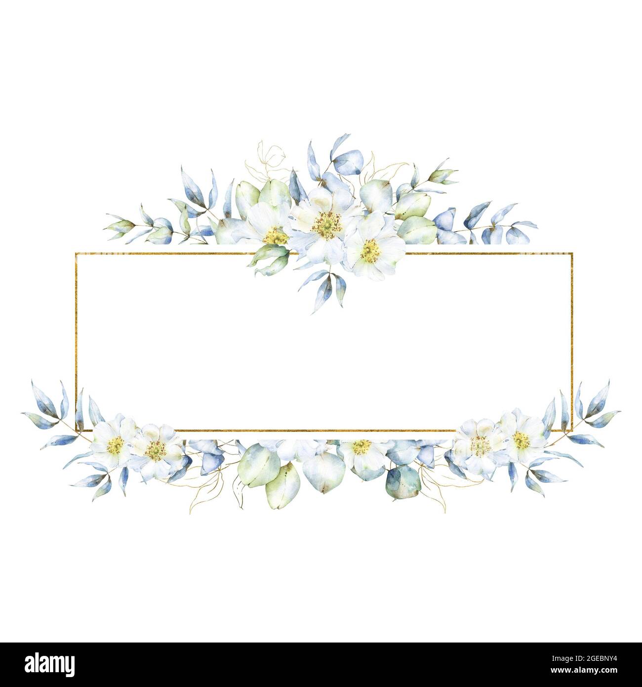 Floral rectangular watercolor and golden border frame with eucalyptus ...