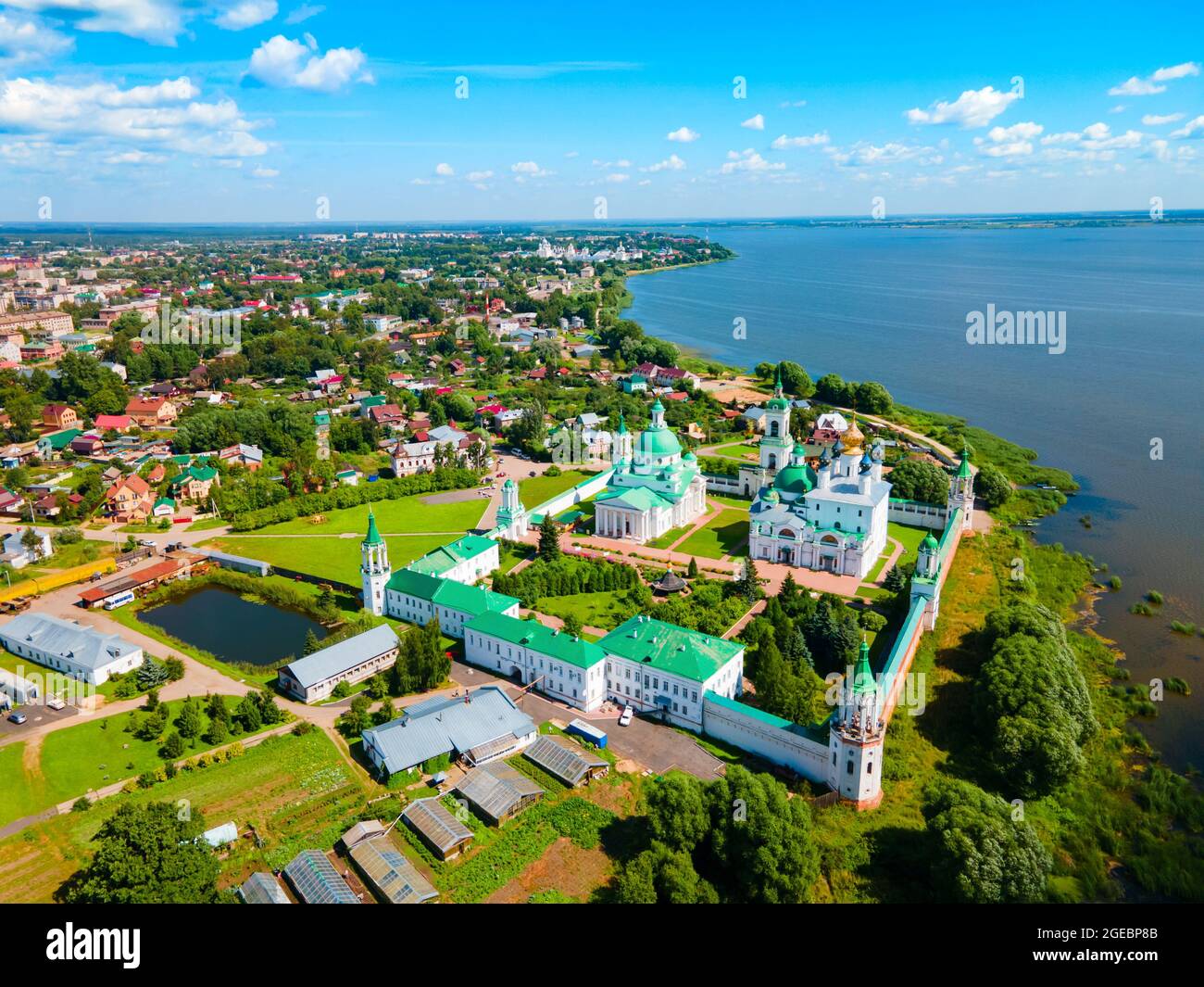 Spaso-Yakovlevsky Monastery or Monastery of St. Jacob Saviour and Lake Nero aerial panoramic view in Rostov Veliky city in Yaroslavl Oblast, Russia Stock Photo