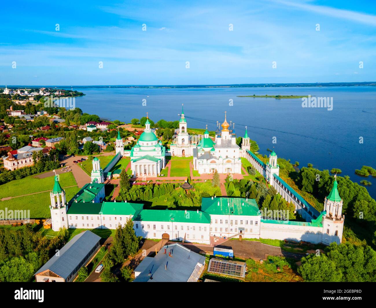 Spaso-Yakovlevsky Monastery or Monastery of St. Jacob Saviour and Lake Nero aerial panoramic view in Rostov Veliky in Yaroslavl Oblast, Golden Ring of Stock Photo