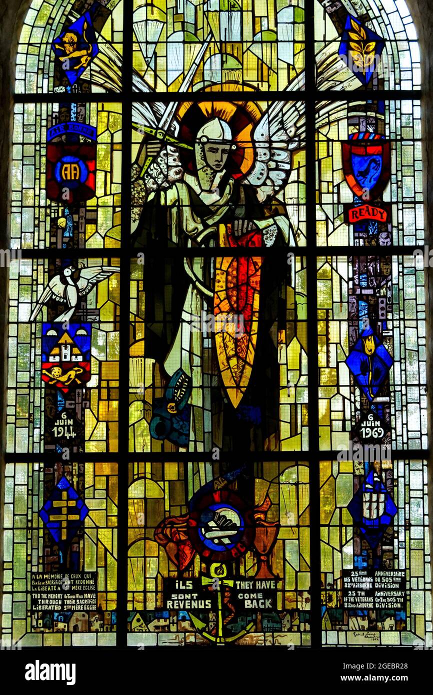 Stained glass window paying homage to american paratroopers, NotreDamedel'Assomption church