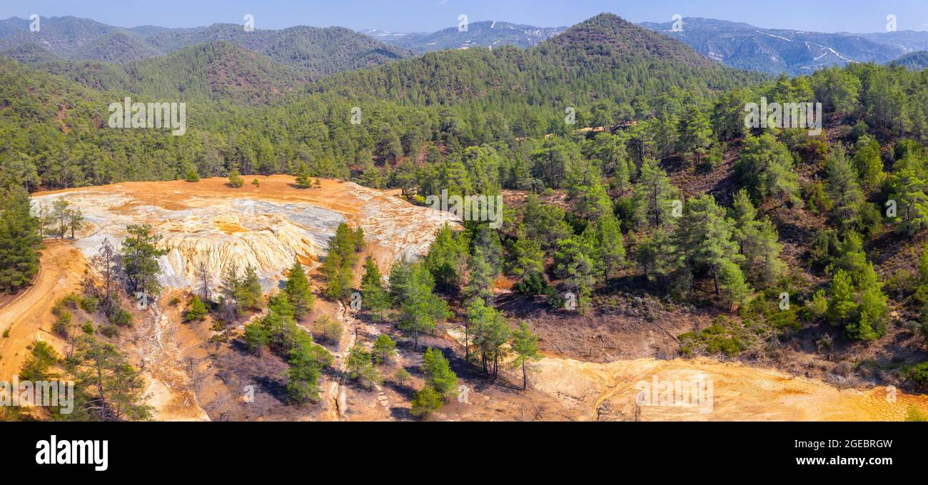 Aerial panorama of abandoned pyrite and gold mine in Paphos forest, Cyprus Stock Photo