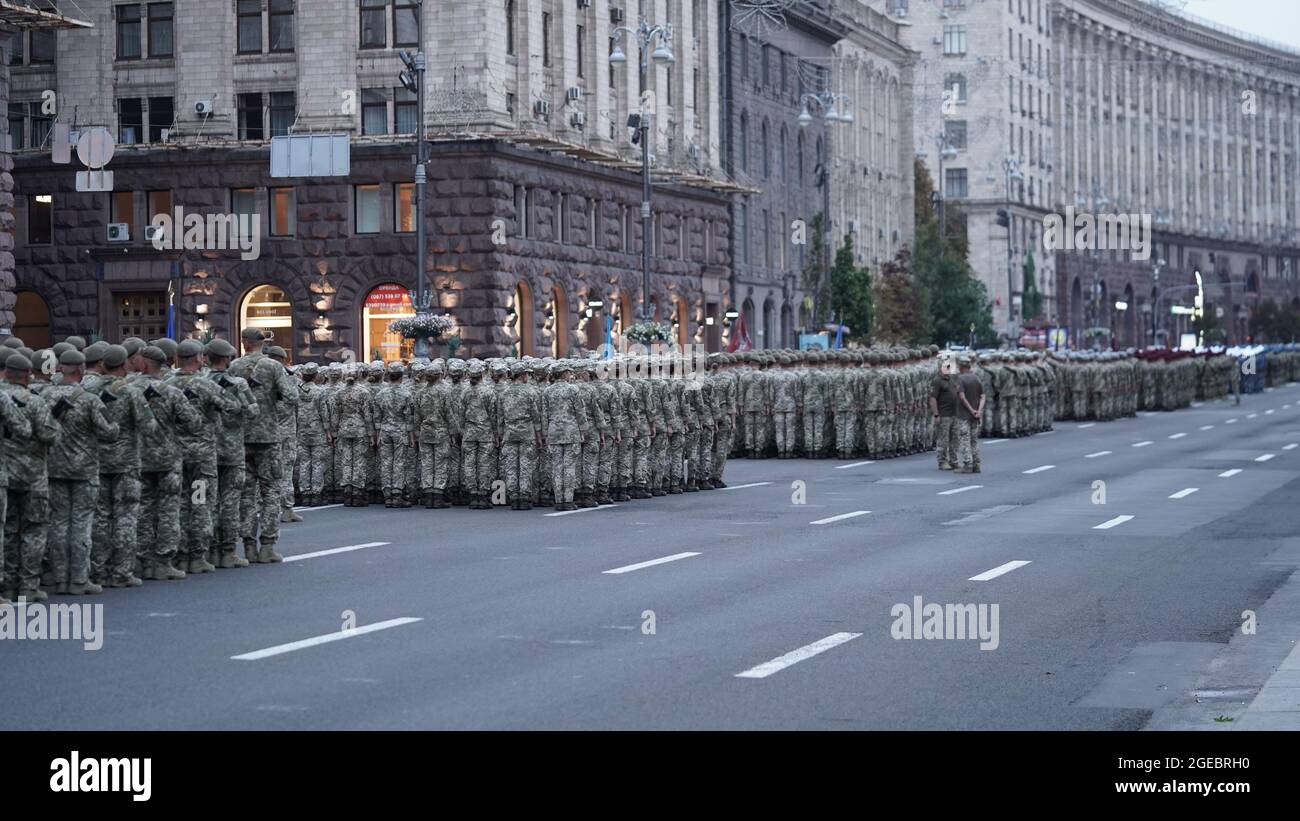 Rehearsal of military parade,formation of troops on occasion of declaration of independence of Ukraine in center of Kiev on Independence Square.30 yea Stock Photo