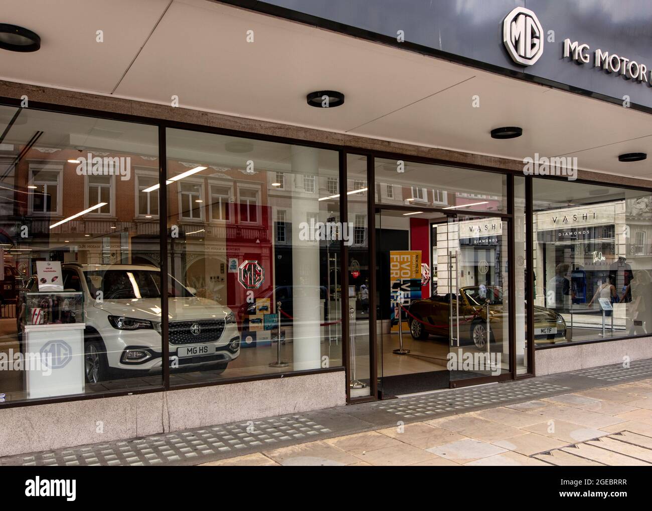 MG Motors dealership on Piccadilly, London; series of large windows